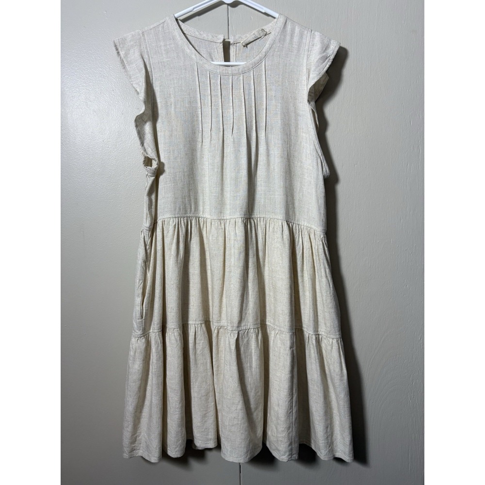 New In M Beige Linen Blend Tiered Dress Cottagecore Boho Midi Peasant Sundress